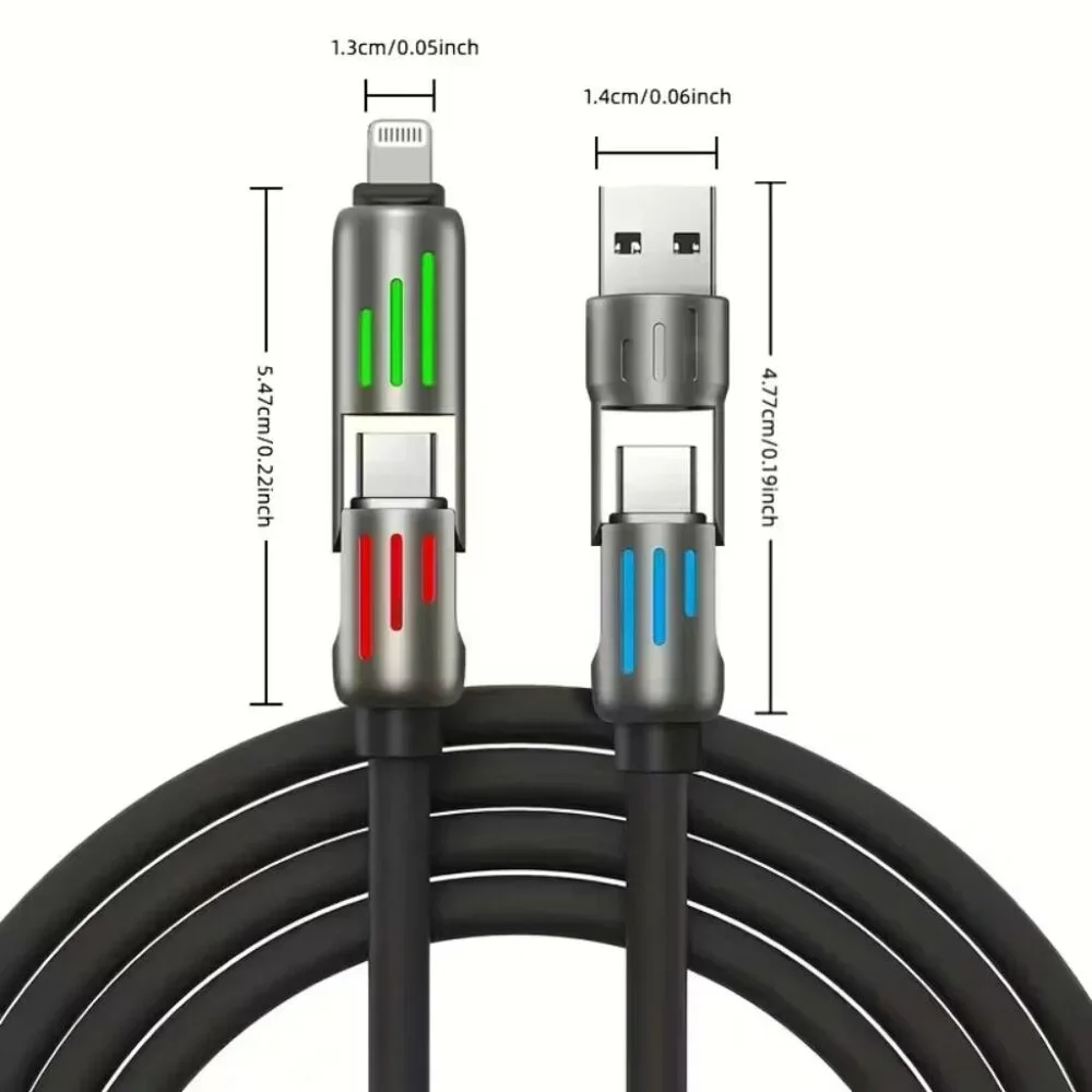 4-in-1 Fast Charging USB Cable, Multi-Port Charging with Color LED Lights